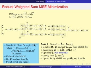 MSE duality Application of AMSE duality
Robust Weighted Sum MSE Minimization
(a)
d1
d2
dK
HH
2
HH
K αK
P
−1
2
2
P
−1
2
1
P
−1
2
K
n1
nK
n2
dK
d2
d1
= d GP
1
2
α1HH
1
α2
UH
1
UH
2
UH
K
(b)
d1
GH
d2
dK
Q
1
2
1
Q
1
2
2
Q
1
2
K
H1
H2
HK
n
dQ−1
2α
U1
U2
UK
minGk ,Uk ,αk ,Pk
K
k=1 τk ξ
DL
k
s.t K
k=1 tr{Pk } ≤ Pmax
Case II : General τk , Rmk , Rbk , σ2
ek
⋄ Initialize Uk , Qk and get Gk , αk from MMSE Rx
⋄ Decompose Qk = qk
˜Qk , tr{ ˜Qk } = 1
⋄ Optimize qk (GP problem)⋆
⋄ Get Qk from qk and ˜Qk
⋄ Update Rx by MMSE and get Gk , αk from Rx
⋄ Transfer to DL as Pk = βk α2
k Q−1
k
where T · [β1, . . . , βK ]T
=
σ2
[tr{Q1}, . . . , tr{QK }]T
T Constant
⋄ Update Rx by MMSE
⋄ Get Uk and αk from Rx
⋄ Switch to UL and iterate
Tadilo (PhD defense (UCL)) Transceiver design Dec. 2013 6 / 24
 