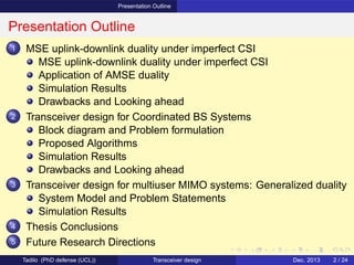 Presentation Outline
Presentation Outline
1 MSE uplink-downlink duality under imperfect CSI
MSE uplink-downlink duality under imperfect CSI
Application of AMSE duality
Simulation Results
Drawbacks and Looking ahead
2 Transceiver design for Coordinated BS Systems
Block diagram and Problem formulation
Proposed Algorithms
Simulation Results
Drawbacks and Looking ahead
3 Transceiver design for multiuser MIMO systems: Generalized duality
System Model and Problem Statements
Simulation Results
4 Thesis Conclusions
5 Future Research Directions
Tadilo (PhD defense (UCL)) Transceiver design Dec. 2013 2 / 24
 