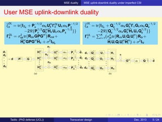 MSE duality MSE uplink-downlink duality under imperfect CSI
User MSE uplink-downlink duality
(a)
d1
d2
dK
HH
2
HH
K αK
P
−1
2
2
P
−1
2
1
P
−1
2
K
n1
nK
n2
dK
d2
d1
= d GP
1
2
α1HH
1
α2
UH
1
UH
2
UH
K
(b)
d1
GH
d2
dK
Q
1
2
1
Q
1
2
2
Q
1
2
K
H1
H2
HK
n
dQ−1
2α
U1
U2
UK
ξ
DL
k = tr{ISk
+ P
−1/2
k αk UH
k ΓDL
k Uk αk P
−1/2
k
−2ℜ{P
1/2
k GH
k Hk Uk αk P
−1/2
k }}
ΓDL
k = σ2
ek tr{Rbk GPGH
}Rmk +
HH
k GPGH
Hk + σ2
IMk
ξ
UL
k = tr{ISk
+ Q
−1/2
k αk GH
k ΓcGk αk Q
−1/2
k
−2ℜ{Q
−1/2
k αk GH
k Hk Uk Q
1/2
k }}
ΓUL
c = K
i=1(σ2
ei tr{Rmi Ui Qi UH
i }Rbi +
Hi Ui Qi UH
i HH
i ) + σ2
IN
Tadilo (PhD defense (UCL)) Transceiver design Dec. 2013 5 / 24
 