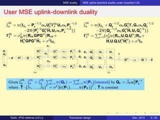 MSE duality MSE uplink-downlink duality under imperfect CSI
User MSE uplink-downlink duality
(a)
d1
d2
dK
HH
2
HH
K αK
P
−1
2
2
P
−1
2
1
P
−1
2
K
n1
nK
n2
dK
d2
d1
= d GP
1
2
α1HH
1
α2
UH
1
UH
2
UH
K
(b)
d1
GH
d2
dK
Q
1
2
1
Q
1
2
2
Q
1
2
K
H1
H2
HK
n
dQ−1
2α
U1
U2
UK
ξ
DL
k = tr{ISk
+ P
−1/2
k αk UH
k ΓDL
k Uk αk P
−1/2
k
−2ℜ{P
1/2
k GH
k Hk Uk αk P
−1/2
k }}
ΓDL
k = σ2
ek tr{Rbk GPGH
}Rmk +
HH
k GPGH
Hk + σ2
IMk
ξ
UL
k = tr{ISk
+ Q
−1/2
k αk GH
k ΓcGk αk Q
−1/2
k
−2ℜ{Q
−1/2
k αk GH
k Hk Uk Q
1/2
k }}
ΓUL
c = K
i=1(σ2
ei tr{Rmi Ui Qi UH
i }Rbi +
Hi Ui Qi UH
i HH
i ) + σ2
IN
Given ξ
DL
k , ξ
UL
k = ξ
DL
k , K
k=1 tr{Qk } = K
k=1 tr{Pk }(ensured) by Qk = ˜βk α2
k P−1
k
where ˜T · [˜β1, . . . , ˜βK ]T
= σ2
[tr{P1}, . . . , tr{PK }]T
, ˜T is constant
Tadilo (PhD defense (UCL)) Transceiver design Dec. 2013 5 / 24
 