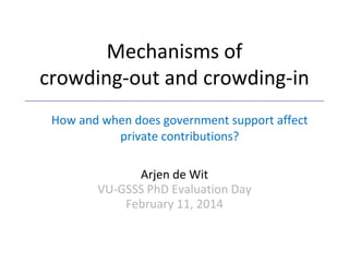 Mechanisms of
crowding-out and crowding-in
How and when does government support affect
private contributions?
Arjen de Wit
VU-GSSS PhD Evaluation Day
February 11, 2014

 