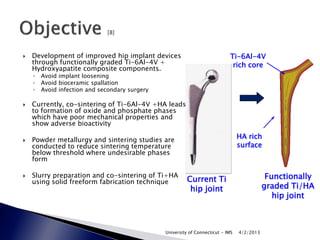    Development of improved hip implant devices                               Ti-6Al-4V
    through functionally graded Ti-6Al-4V +                                    rich core
    Hydroxyapatite composite components.
    ◦   Avoid implant loosening
    ◦   Avoid bioceramic spallation
    ◦   Avoid infection and secondary surgery

   Currently, co-sintering of Ti-6Al-4V +HA leads
    to formation of oxide and phosphate phases
    which have poor mechanical properties and
    show adverse bioactivity

   Powder metallurgy and sintering studies are                                   HA rich
    conducted to reduce sintering temperature                                     surface
    below threshold where undesirable phases
    form

   Slurry preparation and co-sintering of Ti+HA
                                                         Current Ti                           Functionally
    using solid freeform fabrication technique
                                                          hip joint                          graded Ti/HA
                                                                                                hip joint



                                                University of Connecticut - IMS   4/2/2013
 