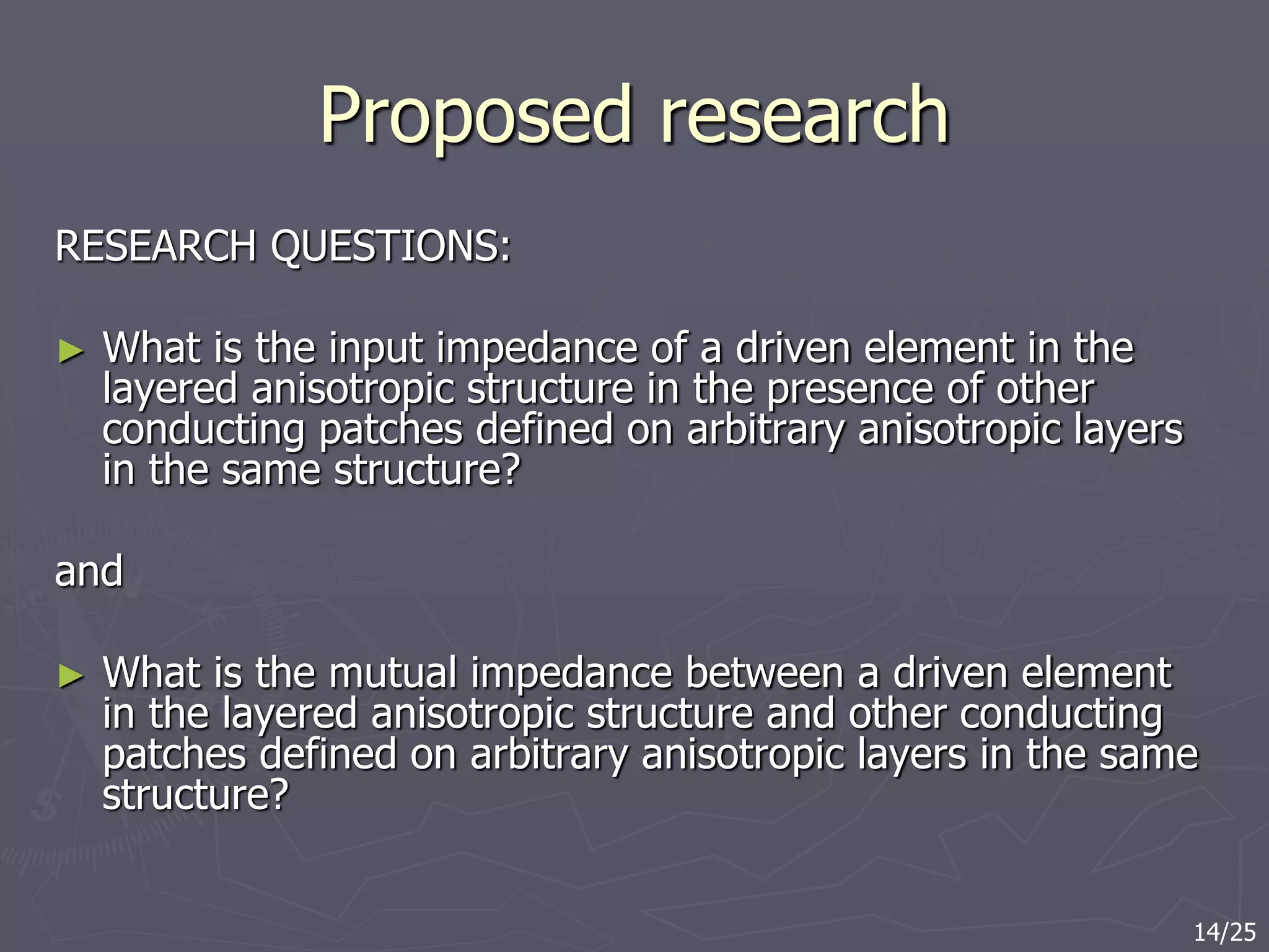 Proposed research
RESEARCH QUESTIONS:
► What is the input impedance of a driven element in the
layered anisotropic structure in the presence of other
conducting patches defined on arbitrary anisotropic layers
in the same structure?
and
► What is the mutual impedance between a driven element
in the layered anisotropic structure and other conducting
patches defined on arbitrary anisotropic layers in the same
structure?
14/25
 