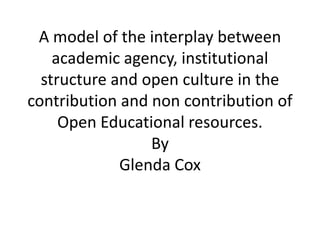 A model of the interplay between
academic agency, institutional
structure and open culture in the
contribution and non contribution of
Open Educational resources.
By
Glenda Cox

 