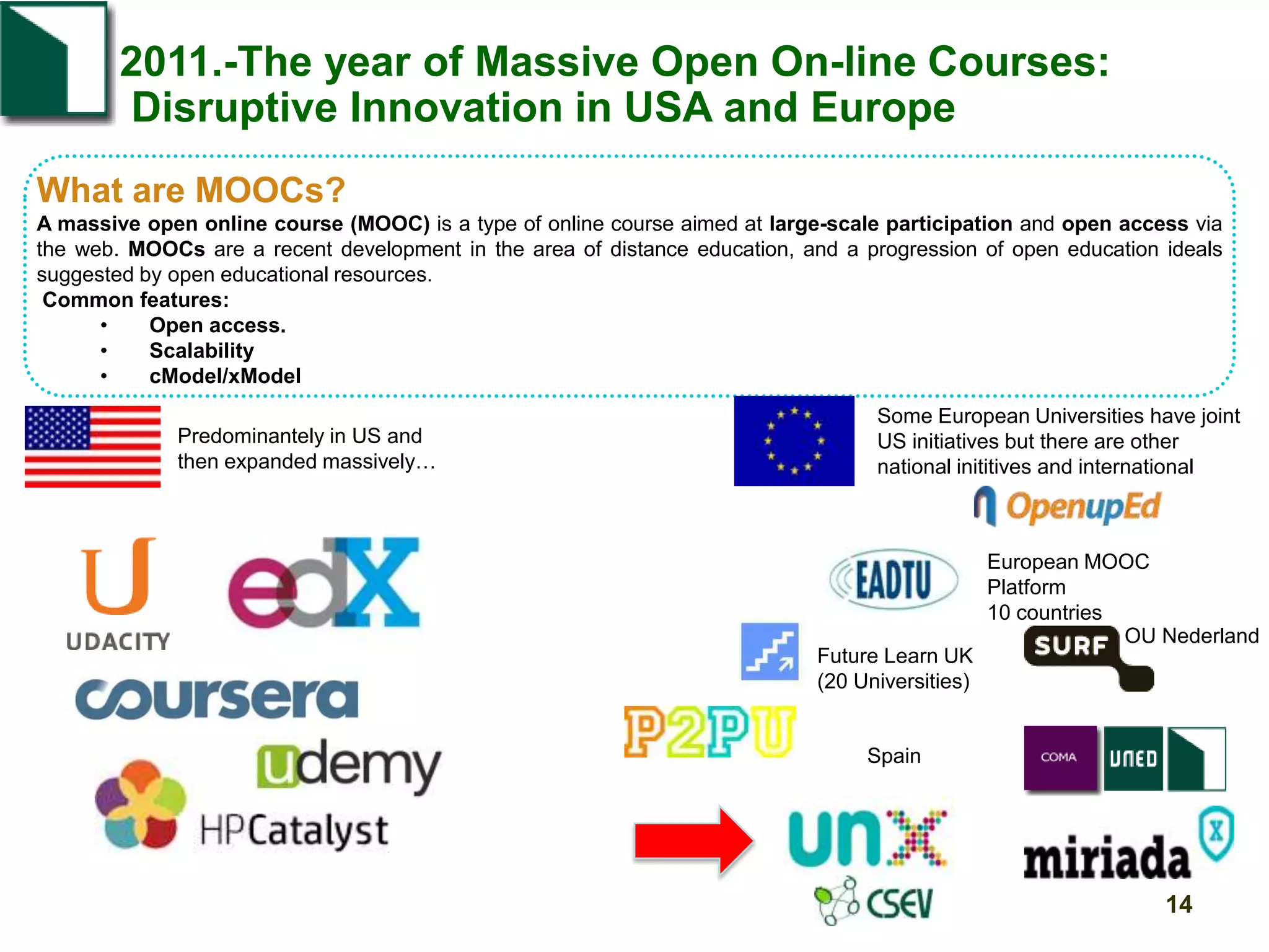 2011.-The year of Massive Open On-line Courses:
Disruptive Innovation in USA and Europe
What are MOOCs?
A massive open online course (MOOC) is a type of online course aimed at large-scale participation and open access via
the web. MOOCs are a recent development in the area of distance education, and a progression of open education ideals
suggested by open educational resources.
Common features:
•
Open access.
•
Scalability
•
cModel/xModel
Predominantely in US and
then expanded massively…

Some European Universities have joint
US initiatives but there are other
national inititives and international

European MOOC
Platform
10 countries
OU Nederland
Future Learn UK
(20 Universities)

Spain

14

 