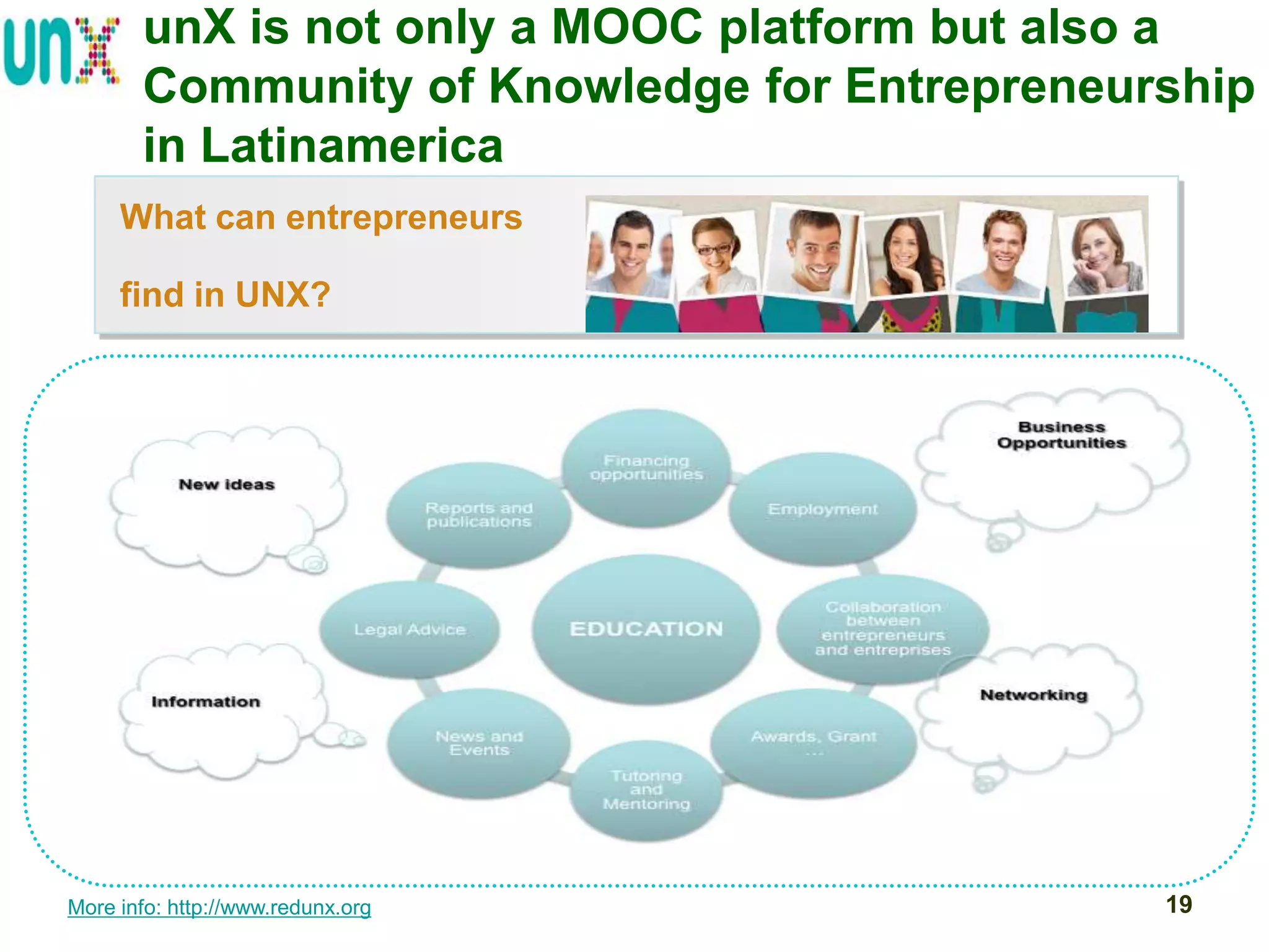 unX is not only a MOOC platform but also a
Community of Knowledge for Entrepreneurship
in Latinamerica
What can entrepreneurs
find in UNX?

More info: http://www.redunx.org

19

 