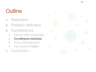 Outline
1. Motivation
2. Problem definition
3. Contributions
1. Named entity recognition
2. Co-reference resolution
3. Entity disambiguation
4. Tag recommendation
4. Conclusions
35
 