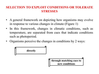 SELECTION TO EXPLOIT CONDITIONS OR TOLERATE
STRESSES
• A general framework on depicting how organisms may evolve
in response to various changes in climate (Figure 1)
• In this framework, changes in climatic conditions, such as
temperature, are separated from cues that indicate conditions
such as photoperiod.
• Organisms perceive the changes in conditions by 2 ways:
through matching cues to
new conditions
directly
 