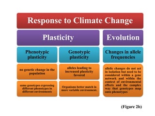 (Figure 2b)
Response to Climate Change
Plasticity
Phenotypic
plasticity
no genetic change in the
population
same genotypes expressing
different phenotypes in
different environments
Genotypic
plasticity
alleles leading to
increased plasticity
favored
Organisms better match in
more variable environment.
Evolution
Changes in allele
frequencies
allelic changes do not act
in isolation but need to be
considered within a gene
network and within the
context of environmental
effects and the complex
way that genotypes map
onto phenotypes
 