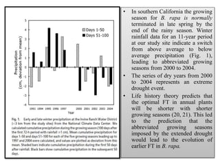 • In southern California the growing
season for B. rapa is normally
terminated in late spring by the
end of the rainy season. Winter
rainfall data for an 11-year period
at our study site indicate a switch
from above average to below
average precipitation (Fig. 1),
leading to abbreviated growing
seasons from 2000 to 2004.
• The series of dry years from 2000
to 2004 represents an extreme
drought event.
• Life history theory predicts that
the optimal FT in annual plants
will be shorter with shorter
growing seasons (20, 21). This led
to the prediction that the
abbreviated growing seasons
imposed by the extended drought
would lead to the evolution of
earlier FT in B. rapa.
 