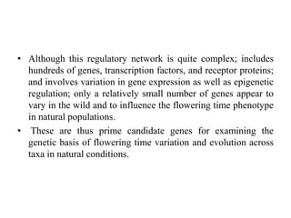 • Although this regulatory network is quite complex; includes
hundreds of genes, transcription factors, and receptor proteins;
and involves variation in gene expression as well as epigenetic
regulation; only a relatively small number of genes appear to
vary in the wild and to influence the flowering time phenotype
in natural populations.
• These are thus prime candidate genes for examining the
genetic basis of flowering time variation and evolution across
taxa in natural conditions.
 