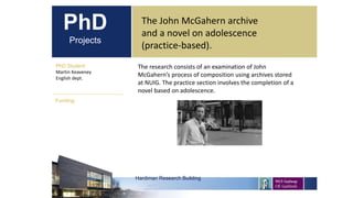 PhD
Projects
PhD Student
Martin Keaveney
English dept.
Hardiman Research Building
Funding:
The research consists of an examination of John
McGahern’s process of composition using archives stored
at NUIG. The practice section involves the completion of a
novel based on adolescence.
The John McGahern archive
and a novel on adolescence
(practice-based).
 