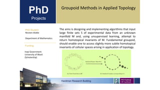PhD
Projects
PhD Student
Nisreen Alokbi
Department of Mathematics
Hardiman Research Building
Funding:
Groupoid Methods in Applied Topology
Iraqi Government
University of Wasit
(Scholarship)
The aims is designing and implementing algorithms that input
large finite sets S of experimental data from an unknown
manifold M and, using unsupervised learning, attempt to
return homotopical invariants of M. Fundamental groupoid,
should enable one to access slightly more subtle homotopical
invariants of cellular spaces arising in application of topology.
 