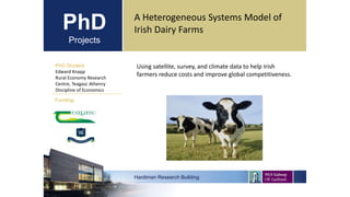 PhD
Projects
PhD Student
Edward Knapp
Rural Economy Research
Centre, Teagasc Athenry
Discipline of Economics
Hardiman Research Building
Funding:
A Heterogeneous Systems Model of
Irish Dairy Farms
Name of funder if
relevant, with logo
Using satellite, survey, and climate data to help Irish
farmers reduce costs and improve global competitiveness.
 