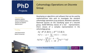 PhD
Projects
PhD Student
DAHER AL BAYDLI
School of Mathematics,
Statistics & Applied
Mathematics
Hardiman Research Building
Funding:
Cohomology Operations on Discrete
Group
Iraq Government,
Wassit University
Developing an algorithms and software that can be used by
mathematicians who wish to investigate the standard
cohomology operations (cup products, Bockstein operation,
Steenrod squares on the classifying space of a discrete
group, Stiefel-Whitney classes of a real representation,
Chern classes of a complex representation) in the
cohomology group.
 