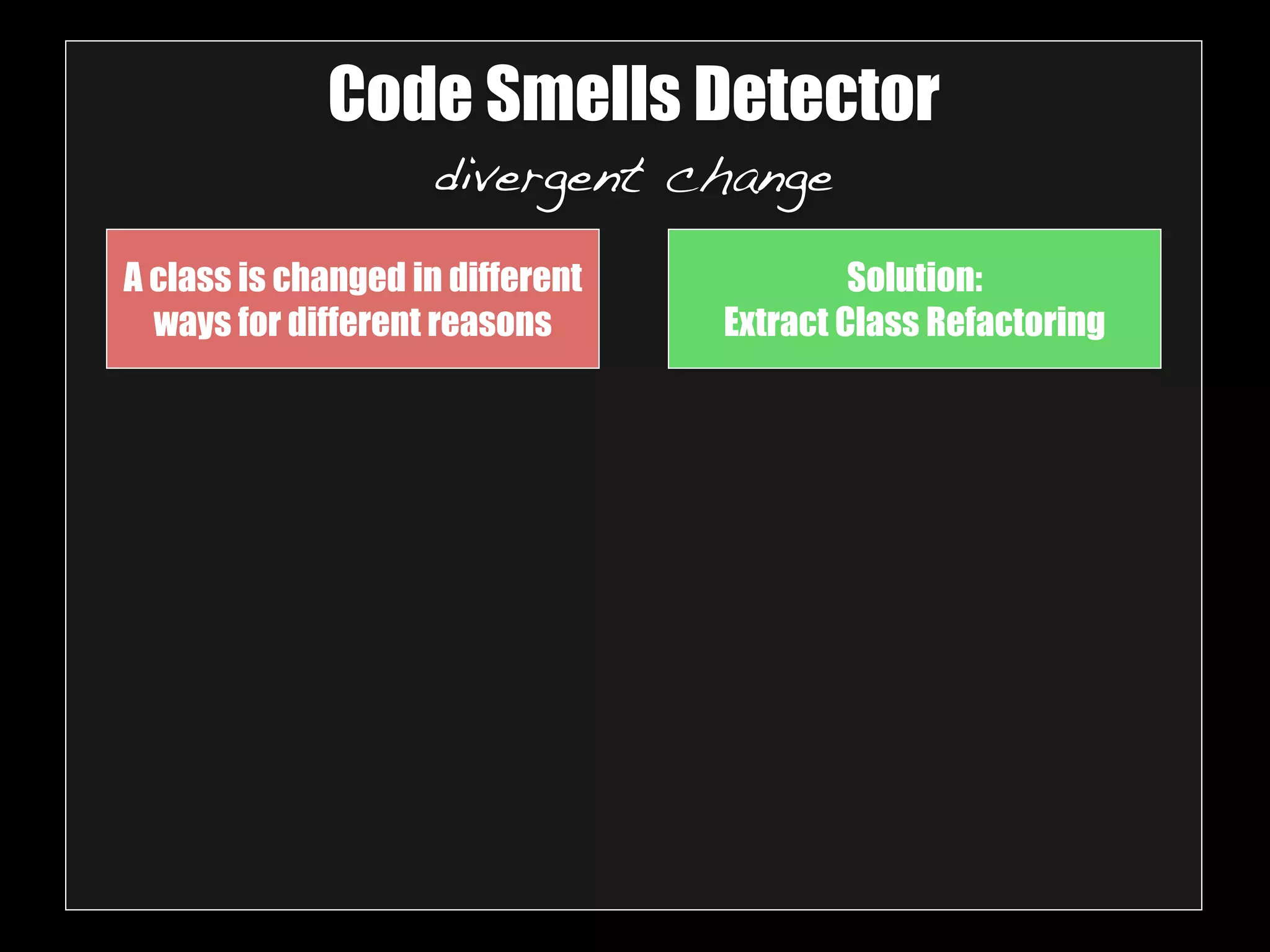 Code Smells Detector 
divergent change 
A class is changed in different 
ways for different reasons 
Solution: 
Extract Class Refactoring 
 