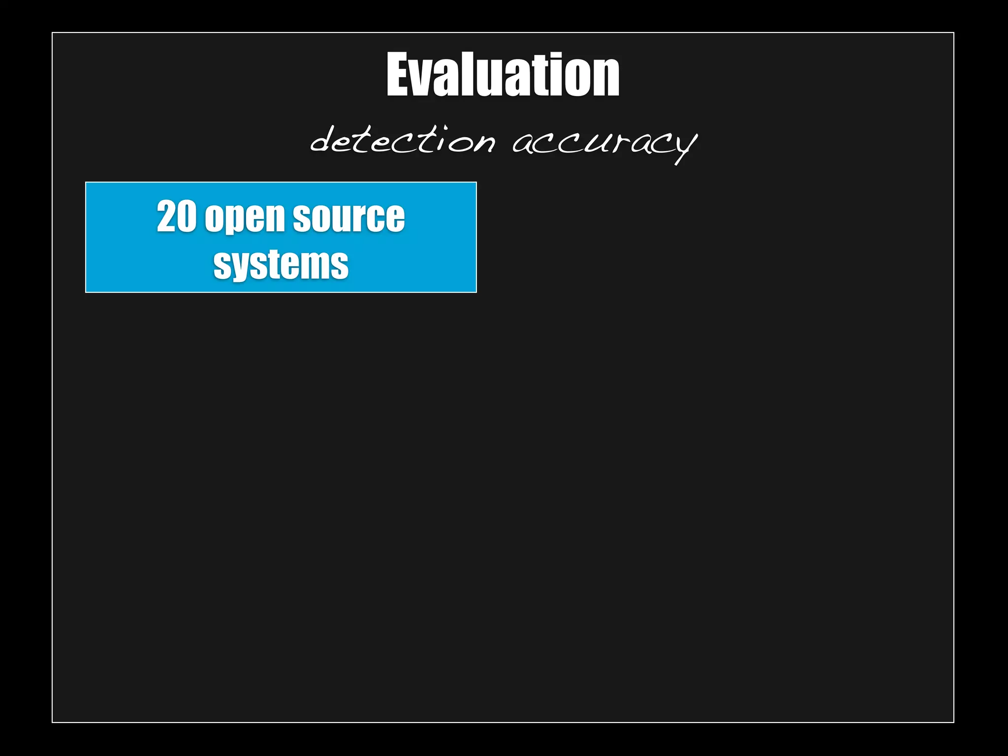 Evaluation 
detection accuracy 
20 open source 
systems 
 