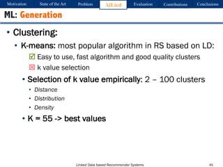 Linked Data based Recommender Systems
• Clustering:
• K-means: most popular algorithm in RS based on LD:
R Easy to use, fast algorithm and good quality clusters
T k value selection
• Selection of k value empirically: 2 – 100 clusters
• Distance
• Distribution
• Density
• K = 55 -> best values
ML: Generation
Motivation Problem AlLied Evaluation ConclusionsContributionsState of the Art
45
 