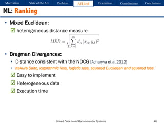 Linked Data based Recommender Systems
• Mixed Euclidean:
R heterogeneous distance measure
• Bregman Divergences:
• Distance consistent with the NDCG [Acharyya et al,2012]
• Itakura Saito, logarithmic loss, logistic loss, squared Euclidean and squared loss.
R Easy to implement
R Heterogeneous data
R Execution time
48
ML: Ranking
Motivation Problem AlLied Evaluation ConclusionsContributionsState of the Art
 