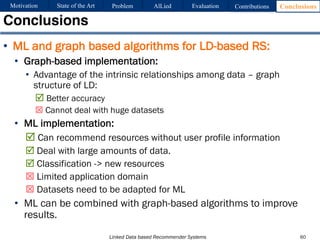 Linked Data based Recommender Systems
• ML and graph based algorithms for LD-based RS:
• Graph-based implementation:
• Advantage of the intrinsic relationships among data – graph
structure of LD:
R Better accuracy
T Cannot deal with huge datasets
• ML implementation:
R Can recommend resources without user profile information
R Deal with large amounts of data.
R Classification -> new resources
T Limited application domain
T Datasets need to be adapted for ML
• ML can be combined with graph-based algorithms to improve
results.
Conclusions
60
Motivation Problem AlLied Evaluation ConclusionsContributionsState of the Art
 