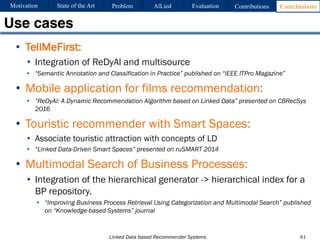 Linked Data based Recommender Systems
• TellMeFirst:
• Integration of ReDyAl and multisource
• “Semantic Annotation and Classification in Practice” published on “IEEE ITPro Magazine”
• Mobile application for films recommendation:
• “ReDyAl: A Dynamic Recommendation Algorithm based on Linked Data” presented on CBRecSys
2016
• Touristic recommender with Smart Spaces:
• Associate touristic attraction with concepts of LD
• “Linked Data-Driven Smart Spaces” presented on ruSMART 2014
• Multimodal Search of Business Processes:
• Integration of the hierarchical generator -> hierarchical index for a
BP repository.
• “Improving Business Process Retrieval Using Categorization and Multimodal Search” published
on “Knowledge-based Systems” journal
Use cases
61
Motivation Problem AlLied Evaluation ConclusionsContributionsState of the Art
 