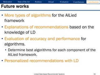 Linked Data based Recommender Systems
• More types of algorithms for the AlLied
framework
• Explanations of recommendations based on the
knowledge of LD
• Evaluation of accuracy and performance for
algorithms.
• Determine best algorithms for each component of the
AlLied framework.
• Personalized recommendations with LD
Future works
62
Motivation Problem AlLied Evaluation ConclusionsContributionsState of the Art
 