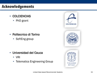 Linked Data based Recommender Systems 63
Acknowledgements
• COLCIENCIAS
• PhD grant
• Politecnico di Torino
• SoftEng group
• Universidad del Cauca
• VRI
• Telematics Engineering Group
 