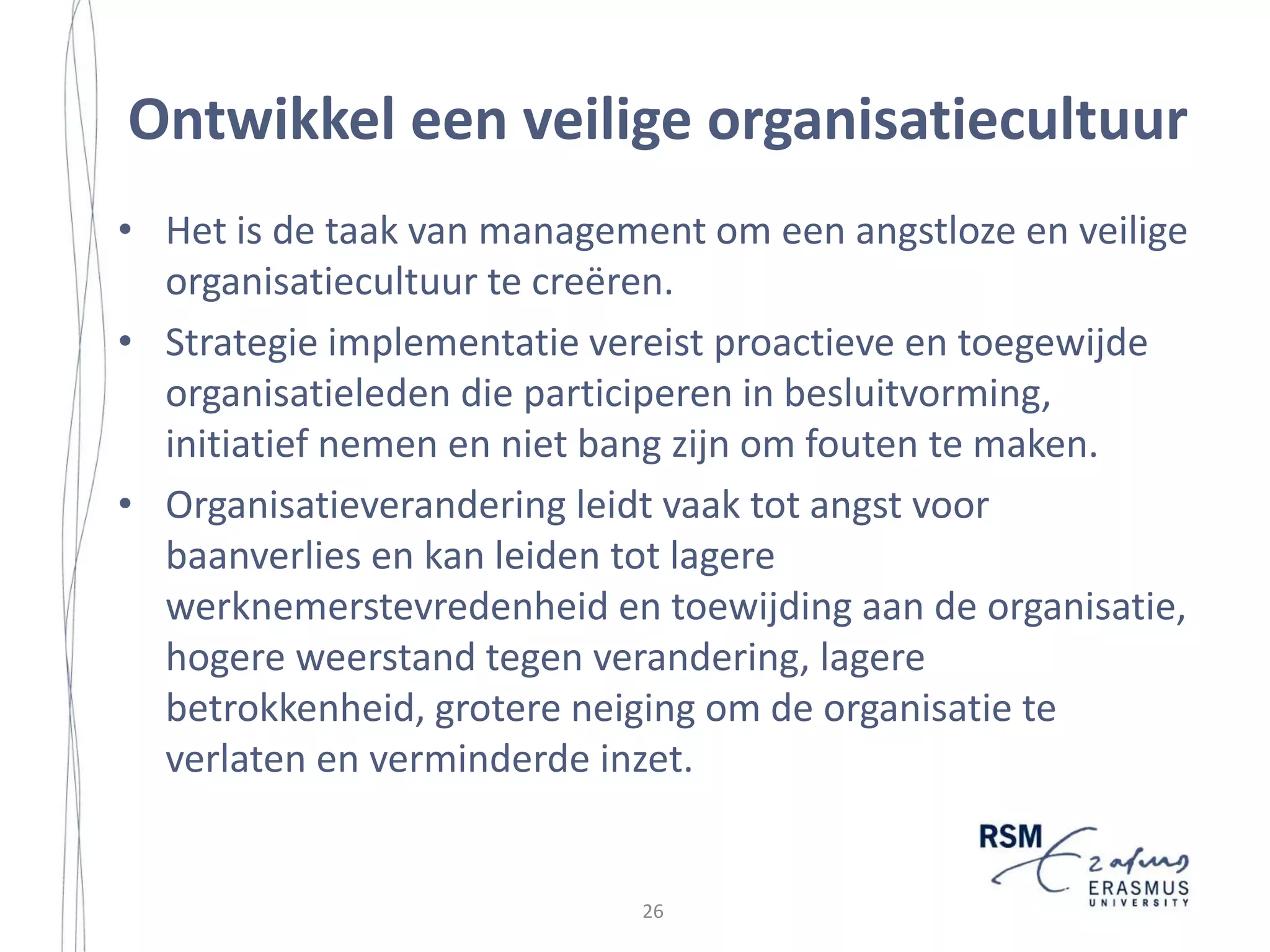 2. REVIEW OF LITERATURE

2.1 INTRODUCTION
In this chapter, a concise review of the strategy implementation literature which
informed our data analysis is presented. First, we give an overview of strategy
implementation definitions. Second, we discuss several major themes and
perspectives within the strategy implementation literature. A more in-depth
discussion of the implementation literature is presented in the theoretical reflection
on our findings in Chapter 7. Finally, we discuss six frameworks for strategy
implementation.
2.2 DEFINING STRATEGY IMPLEMENTATION
A review of the literature by Noble (1999) reveals that, as with ‘strategy’, there is
no universally accepted meaning of ‘implementation’ (Wernham, 1985). As shown
by Table 2.1, there is a wide variety of strategy implementation definitions. In
addition, most of the definitions on strategy implementation are rather general in
nature (e.g. Bryson and Bromiley, 1993; Floyd and Wooldridge, 1992; Flood et
al., 2000; Miller et al., 2004; Pennings, 1996; Pearce and Robinson, 1991; Simon,
1982; Thompson and Strickland, 1989). Most allude to a process by which the
formulated strategy is to be implemented. The most common view on strategy
implementation is that it is ‘a relatively straightforward operationalization of a
clearly articulated strategic plan’ as argued by Noble (1999: 119). How this
operationalization is to be done, or how this process can be characterized remains
largely unspecified. Only a few definitions (e.g. Hrebiniak and Joyce, 1984; Reed
and Buckley, 1988; Wheelen and Hunger, 1992) refer to concrete activities and
systems such as organization structures, personnel actions, control systems,
programs, budgets, procedures, and job requirements. In this thesis, we strategy

25

 