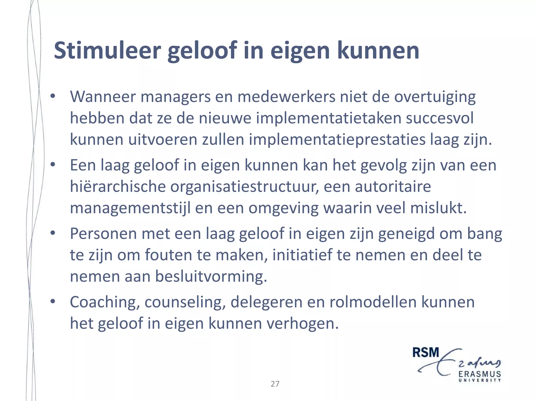 Strategy Implementation in a Small Island Community
implementation as follows: ‘the sum total of the activities and choices required for
the execution of a strategic plan’ (Wheelen and Hunger, 2004: 192).
Table 2.1 Definitions of Strategy Implementation























14

26

Strategy implementation refers to ‘all the processes and outcomes which accrue to a strategic
decision once authorization has been to go ahead and put the decision into practice’ (Miller et
al., 2004: 203).
Strategy implementation is ‘a process by which large, complex, and potentially unmanageable
strategic problems are factored into progressively smaller, less complex, and hence more
manageable proportions’ (Hrebiniak and Joyce, 1984: 90). And: implementation is a series of
interventions concerning organizational structures, key personnel actions, and control systems
designed to control performance with respect to desired ends (Hrebiniak and Joyce, 1984).
Strategy implementation is ‘the communication, interpretation, adoption, and enactment of
strategic plans’ (Noble, 1999: 120).
Strategy implementation is ‘the successful implementation of strategic decisions’ (Flood et al.,
2000: 2).
The implementation stage involves converting strategic alternatives into an operating plan
(Aaker, 1988).
Implementation is the managerial interventions that align organizational action with strategic
intention (Floyd and Wooldridge, 1992).
Implementation is the process that turns plans into action assignments and ensures that such
assignments are executed in a manner that accomplishes the plan’s stated objectives (Kotler,
1994).
‘Implementation of strategy comprises a series of subactivities that are primarily administrative’
(Andrews, 1987: 40).
Implementation is turning drawing board strategy into marketplace reality (Bonoma, 1984).
The planning and implementation process is defined as a set of generic activities that occur
across an entire problem-solving sequence (Bryson and Bromiley, 1993).
Implementation refers to the ‘how-to-do-it’ aspects of marketing. Implementation deals with
organizational issues, with development of specific marketing programs, and with the execution
of programs in the field (Cespedes, 1991).
During the implementation phase, a policy decision must be spelled out in operational detail and
resources allocated among programs (Laffan, 1983).
Strategy implementation is ‘the quest to convert intended strategy into a realized strategy’
(Pennings, 1996: 2133).
Strategy implementation is ‘the process by which strategies and policies are put into action
through the development of programs, budgets, and procedures’ (Wheelen and Hunger, 1992).
‘This process might involve changes within the overall culture, structure, and/or management
system of the organization’ (ibid).
Strategy implementation is ‘the sum total of the activities and choices required for the execution
of a strategic plan’ (Wheelen and Hunger, 2004: 192).
‘Implementation encompasses those actions by individuals (or groups) that affect the
achievement of objectives set forth in prior decisions’ (Van Horn and Van Meter, 1977).
Implementation is a series of steps taken by responsible organizational agents in planned change
to elicit compliance needed to install changes (Nutt, 1986: 230). In addition, ‘implementation is

 