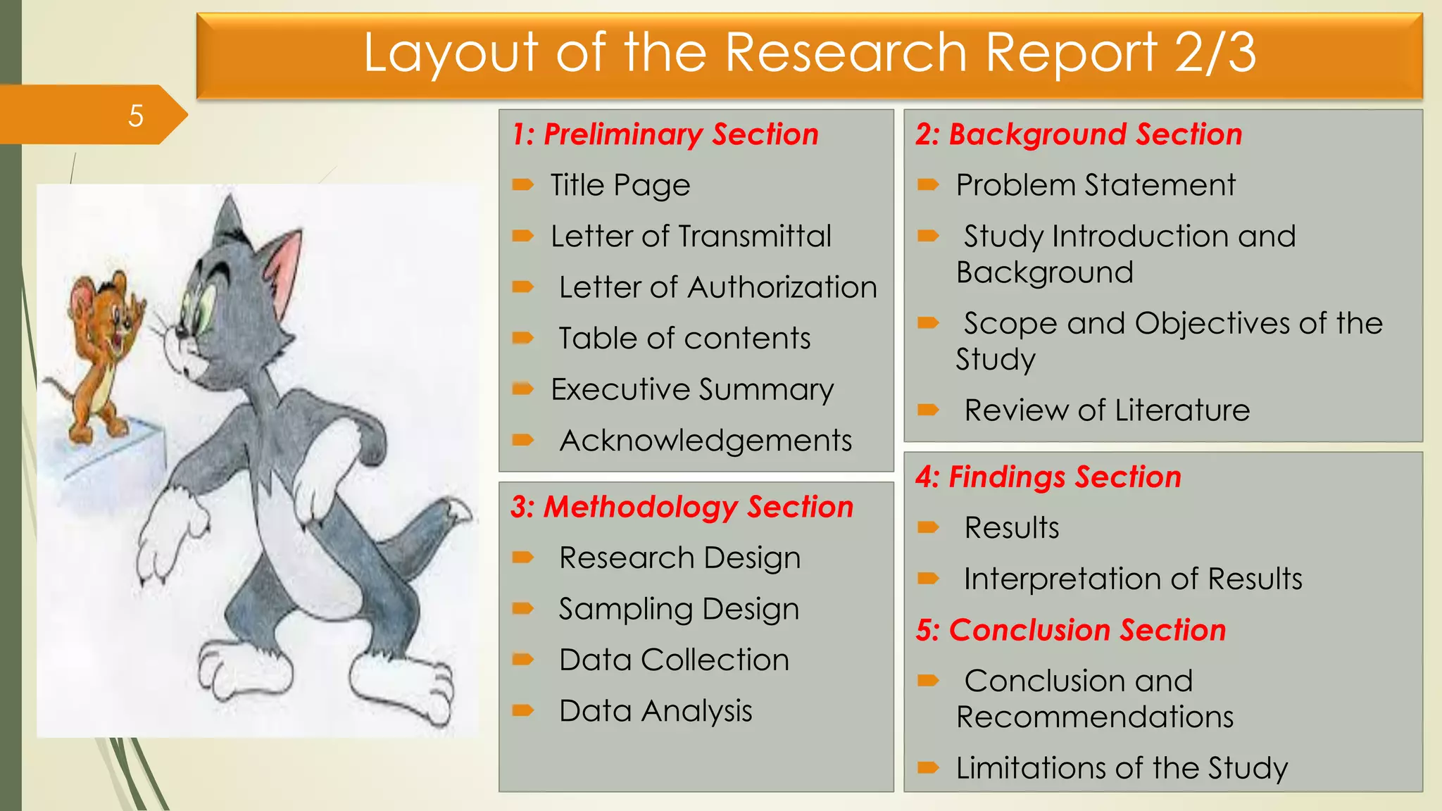Layout of the Research Report 2/3
1: Preliminary Section
 Title Page
 Letter of Transmittal
 Letter of Authorization
 Table of contents
 Executive Summary
 Acknowledgements
5
2: Background Section
 Problem Statement
 Study Introduction and
Background
 Scope and Objectives of the
Study
 Review of Literature
3: Methodology Section
 Research Design
 Sampling Design
 Data Collection
 Data Analysis
4: Findings Section
 Results
 Interpretation of Results
5: Conclusion Section
 Conclusion and
Recommendations
 Limitations of the Study
 