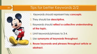Tips for better Keywords 2/2
1. Keywords should represent key concepts.
2. They should be descriptive.
3. Keywords should reflect a collective understanding
of the topic.
4. Limit keywords/phrases to 3-4.
5. Use synonyms of keywords throughout.
6. Reuse keywords and phrases throughout article or
abstract.
28
 