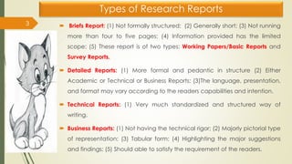 Types of Research Reports
 Briefs Report: (1) Not formally structured; (2) Generally short; (3) Not running
more than four to five pages; (4) Information provided has the limited
scope; (5) These report is of two types: Working Papers/Basic Reports and
Survey Reports.
 Detailed Reports: (1) More formal and pedantic in structure (2) Either
Academic or Technical or Business Reports; (3)The language, presentation,
and format may vary according to the readers capabilities and intention.
 Technical Reports: (1) Very much standardized and structured way of
writing.
 Business Reports: (1) Not having the technical rigor; (2) Majorly pictorial type
of representation; (3) Tabular form; (4) Highlighting the major suggestions
and findings; (5) Should able to satisfy the requirement of the readers.
3
 