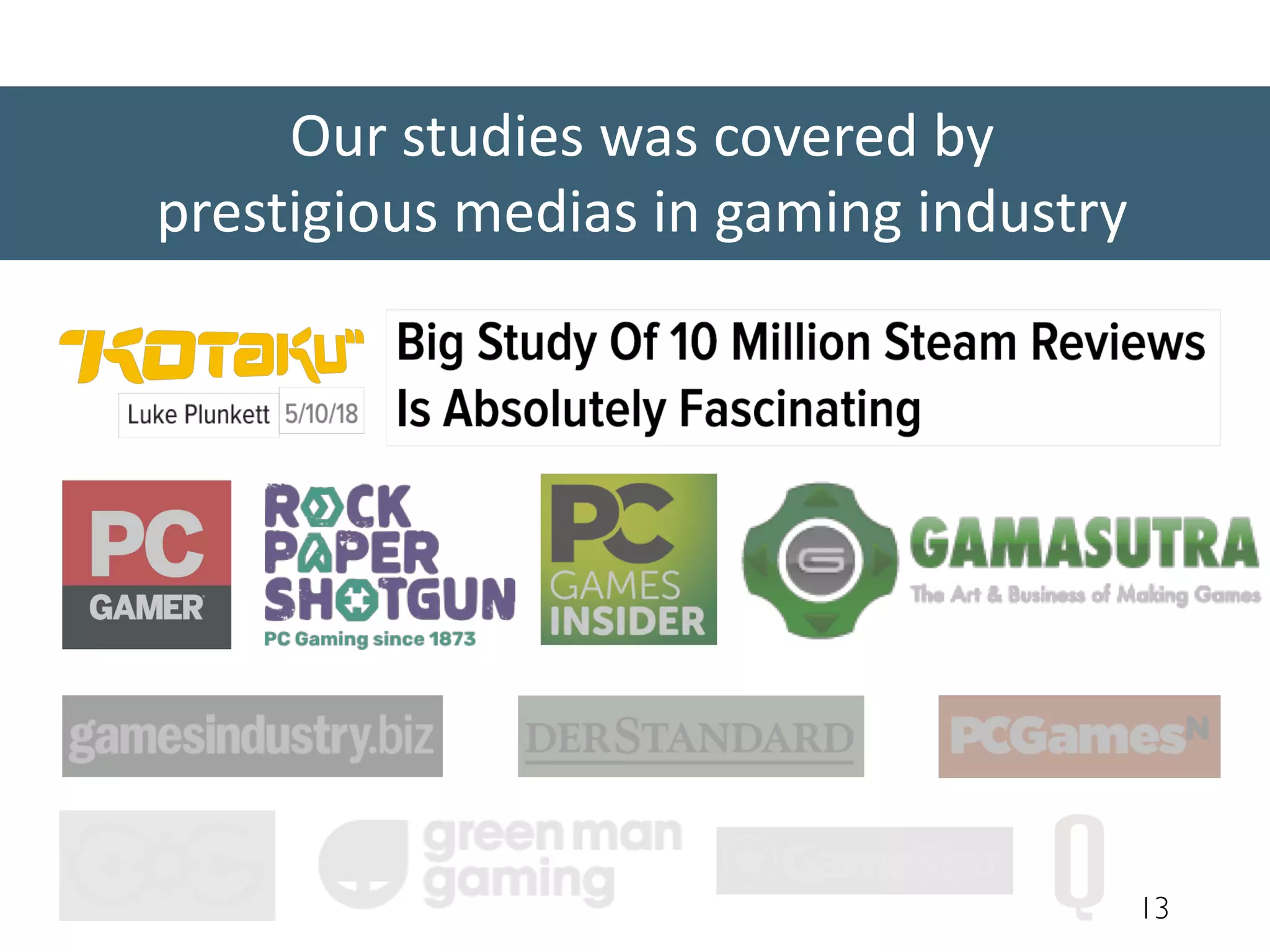 Our studies was covered by
prestigious medias in gaming industry
13
 