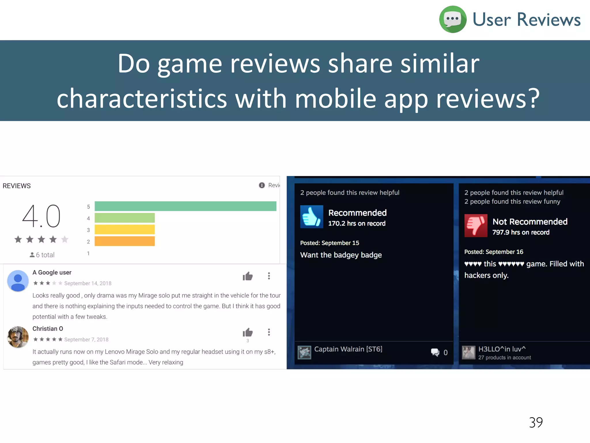 Do game reviews share similar
characteristics with mobile app reviews?
39
User Reviews
 