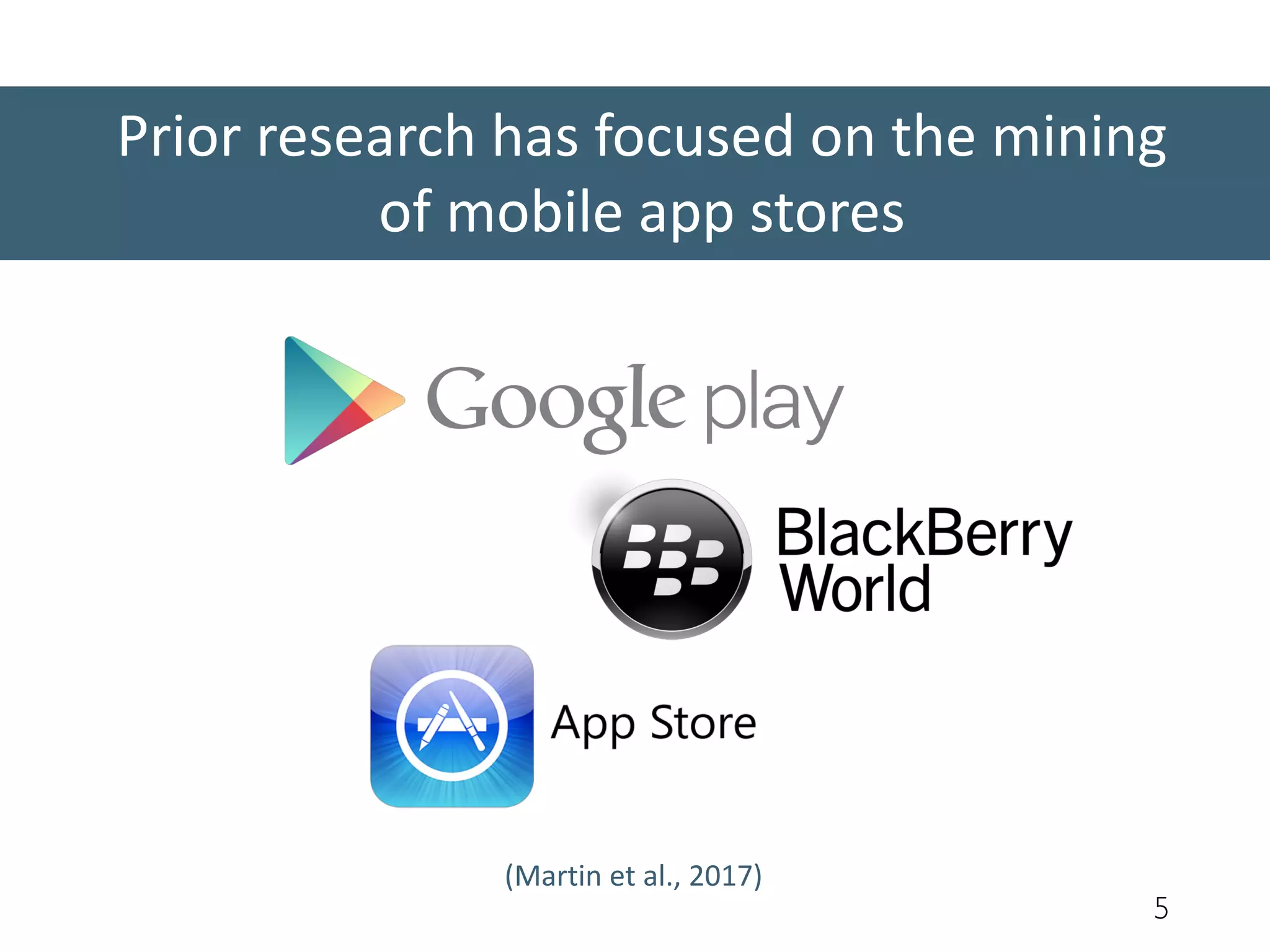 Prior research has focused on the mining
of mobile app stores
5
(Martin et al., 2017)
 