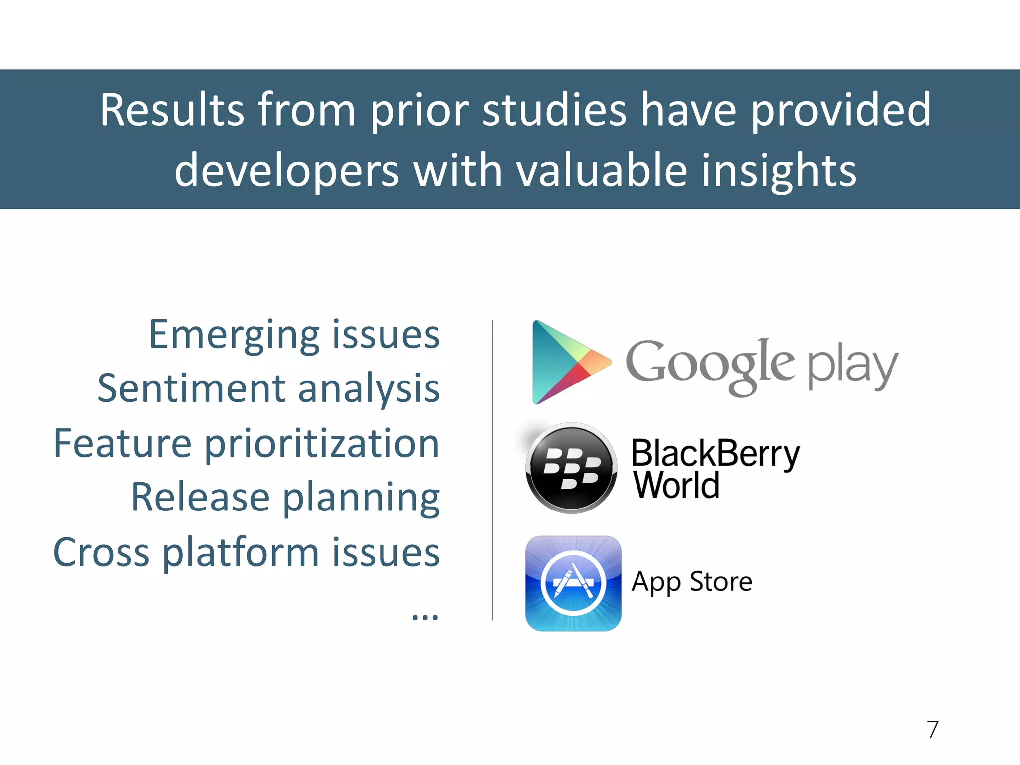Results from prior studies have provided
developers with valuable insights
7
Emerging issues
Sentiment analysis
Feature prioritization
Release planning
Cross platform issues
…
 