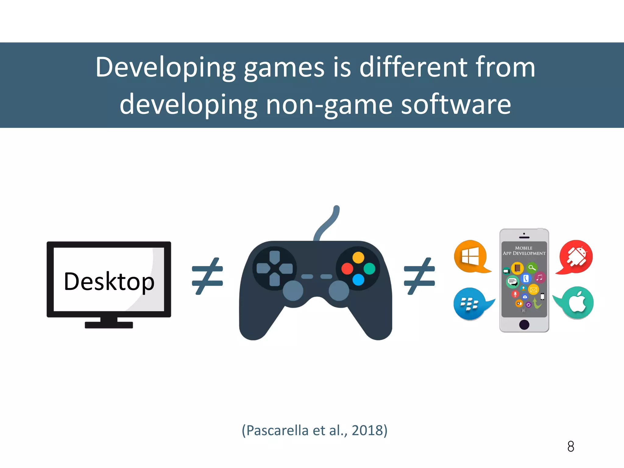 Developing games is different from
developing non-game software
8
≠≠
(Pascarella et al., 2018)
Desktop
 