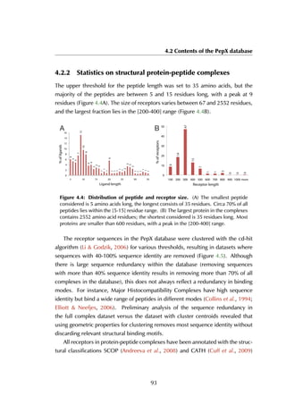 4.2 Contents of the PepX database
4.2.2 Statistics on structural protein-peptide complexes
The upper threshold for the peptide length was set to 35 amino acids, but the
majority of the peptides are between 5 and 15 residues long, with a peak at 9
residues (Figure 4.4A). The size of receptors varies between 67 and 2552 residues,
and the largest fraction lies in the [200-400] range (Figure 4.4B).
6
5
5
7
15
10
8
4
4
2
3
3
1
1
1
6
1
1
1
1
1
2
3
3
2
1
1
1
1
1
1
0
2
4
6
8
10
12
14
16
5 10 15 20 25 30 35
%ofligands
Ligand length
9
19
47
13
7
1
1
2
0
0
0
0
10
20
30
40
50
100 200 300 400 500 600 700 800 900 1000 more
%ofreceptors
Receptor length
A B
Figure 4.4: Distribution of peptide and receptor size. (A) The smallest peptide
considered is 5 amino acids long, the longest consists of 35 residues. Circa 70% of all
peptides lies within the [5-15] residue range. (B) The largest protein in the complexes
contains 2552 amino acid residues; the shortest considered is 35 residues long. Most
proteins are smaller than 600 residues, with a peak in the [200-400] range.
The receptor sequences in the PepX database were clustered with the cd-hit
algorithm (Li & Godzik, 2006) for various thresholds, resulting in datasets where
sequences with 40-100% sequence identity are removed (Figure 4.5). Although
there is large sequence redundancy within the database (removing sequences
with more than 40% sequence identity results in removing more than 70% of all
complexes in the database), this does not always reflect a redundancy in binding
modes. For instance, Major Histocompatibility Complexes have high sequence
identity but bind a wide range of peptides in different modes (Collins et al., 1994;
Elliott & Neefjes, 2006). Preliminary analysis of the sequence redundancy in
the full complex dataset versus the dataset with cluster centroids revealed that
using geometric properties for clustering removes most sequence identity without
discarding relevant structural binding motifs.
All receptors in protein-peptide complexes have been annotated with the struc-
tural classifications SCOP (Andreeva et al., 2008) and CATH (Cuff et al., 2009)
93
 