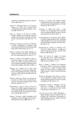 REFERENCES
of protein or nucleotide sequences. Bioinfor-
matics, 22, 1658–9. 93
London, N., Movshovitz-Attias, D. & Schueler-
Furman, O. (2010). The structural basis
of peptide-protein binding strategies. Struc-
ture, 18, 188–199. 90
Lopez, G., Valencia, A. & Tress, M. (2007).
Firedb–a database of functionally important
residues from proteins of known structure.
Nucleic Acids Research, 35, D219–23. 88,
90
Michalsky, E., Dunkel, M., Goede, A. & Preissner,
R. (2005). Superligands - a database of lig-
and structures derived from the protein data
bank. BMC Bioinformatics, 6, 122. 90
Neduva, V. & Russell, R.B. (2006). Peptides me-
diating interaction networks: new leads at
last. Curr Opin Biotechnol, 17, 465–71. 88
Neduva, V., Linding, R., Su-Angrand, I., Stark, A.,
de Masi, F., Gibson, T.J., Lewis, J., Serrano, L. &
Russell, R.B. (2005). Systematic discovery of
new recognition peptides mediating protein
interaction networks. PLoS Biol, 3, e405. 88
Obenauer, J.C., Cantley, L.C. & Yaffe, M.B.
(2003). Scansite 2.0: Proteome-wide predic-
tion of cell signaling interactions using short
sequence motifs. Nucleic Acids Research, 31,
3635–41. 88, 101
Ogmen, U., Keskin, O., Aytuna, A.S., Nussinov, R.
& Gursoy, A. (2005). Prism: protein interac-
tions by structural matching. Nucleic Acids
Research, 33, W331–6. 88
Parthasarathi, L., Casey, F., Stein, A., Aloy, P. &
Shields, D.C. (2008). Approved drug mimics
of short peptide ligands from protein interac-
tion motifs. Journal of chemical information
and modeling, 48, 1943–8. 97
Pawson, T. & Nash, P. (2003). Assembly of cell
regulatory systems through protein interac-
tion domains. Science, 300, 445–52. 88
Petsalaki, E. & Russell, R.B. (2008). Peptide-
mediated interactions in biological systems:
new discoveries and applications. Curr Opin
Biotechnol, 19, 344–50. 88
Puntervoll, P. (2003). Elm server: a new
resource for investigating short functional
sites in modular eukaryotic proteins. Nucleic
Acids Research, 31, 3625–3630. 88
Puvanendrampillai, D. & Mitchell, J.B.O. (2003).
L/d protein ligand database (pld): additional
understanding of the nature and specificity
of protein-ligand complexes. Bioinformatics,
19, 1856–7. 90
Raghavachari, B., Tasneem, A., Przytycka, T.M.
& Jothi, R. (2008). Domine: a database of
protein domain interactions. Nucleic Acids
Research, 36, D656–61. 88
Rashid, M., Singla, D., Sharma, A., Kumar,
M. & Raghava, G.P.S. (2009). Hmrbase: a
database of hormones and their receptors.
BMC Genomics, 10, 307. 88, 90
Reina, J., Lacroix, E., Hobson, S.D., Fernandez-
Ballester, G., Rybin, V., Schwab, M.S., Serrano,
L. & Gonzalez, C. (2002). Computer-aided
design of a pdz domain to recognize new
target sequences. Nature Structural Biology,
9, 621–7. 97
Rother, K., Hildebrand, P.W., Goede, A., Gruen-
ing, B. & Preissner, R. (2009). Voronoia: ana-
lyzing packing in protein structures. Nucleic
Acids Research, 37, D393–5. 90
Schymkowitz, J., Borg, J., Stricher, F., Nys, R.,
Rousseau, F. & Serrano, L. (2005). The foldx
web server: an online force field. Nucleic
Acids Research, 33, W382–8. 101
Shin, J.M. & Cho, D.H. (2005). Pdb-ligand: a
ligand database based on pdb for the au-
tomated and customized classification of
ligand-binding structures. Nucleic Acids Re-
search, 33, D238–41. 90
104
 
