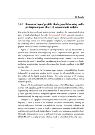 5.2 Results
5.2.3 Reconstruction of peptide binding motifs by using multi-
ple fragment pairs observed in monomeric proteins
Can entire binding modes of protein-peptide complexes be reconstructed using
parts of single chain folds? Recently, Tuncbag et al. (2008) observed for protein-
protein complexes that some of the more frequent interface architectures are the
same as single chains. For protein-peptide complexes, we address this question
by combining InteraX pairs from the same monomeric protein, describing protein-
peptide interfaces as sets of interacting fragments.
Figure 5.4 depicts six examples of binding interfaces that are described by a
combination of InteraX pairs originating from a single monomeric protein. The
first example shows a PDZ domain with a peptide bound in the canonical β-strand
extension, from the scaffolding protein human synthenin. An exact match for the
entire binding motif is found in a pseudo enzyme-substrate complex from E.coli,
exhibiting a rudimentary form of a Rossmann-fold domain unrelated to the PDZ
domain fold.
In the second example the human estrogen receptor α-ligand binding domain
is bound to a coactivator peptide in the nucleus, in a hydrophobic groove on
the surface of the ligand binding domain. The entire interface of 35 residues
superposes with an RMSD of 1.94 Å on the unrelated all-α citrate synthase from a
different species.
Figure 5.4C shows the particular binding mode of the MHC antigen-recognition
domain with a peptide, partly reconstructed from an unrelated ferritin-like protein,
superposing 24 residues with an RMSD of 0.94 Å. The ferritin-like fold lacks the
β-sheet typical for the MHC antigen-recognition domain but is composed of a helix
bundle in which the loop regions interact similar to the peptide bound to MHC.
In Figure 5.4D a peptide inhibiting the serine-like NS3/4A protease from the
hepatitis C virus is bound in an extended backbone conformation, forming an
anti-parallel β-sheet with one β-strand of the enzyme. The entire β-sheet of 34
consecutive residues is found in murB, a glucosamine reductase involved in cell-
wall biosynthesis in E. coli, but the ligand strand is now an integral part of the fold.
Strikingly, both proteins occur in different structural classifications according to
SCOP: NS3/4A is an all-β protein, whereas murB is a member of the α+β class.
117
 
