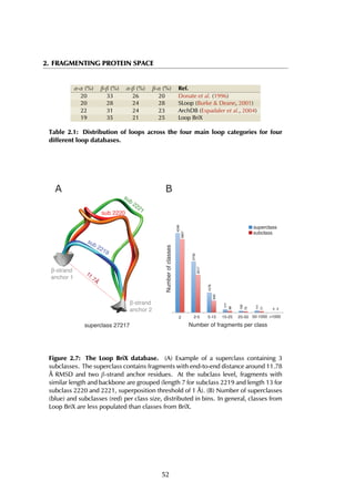 2. FRAGMENTING PROTEIN SPACE
α-α (%) β-β (%) α-β (%) β-α (%) Ref.
20 33 26 20 Donate et al. (1996)
20 28 24 28 SLoop (Burke & Deane, 2001)
22 31 24 23 ArchDB (Espadaler et al., 2004)
19 35 21 25 Loop BriX
Table 2.1: Distribution of loops across the four main loop categories for four
different loop databases.
sub 2219
sub 2220
sub
2221
superclass 27217
β-strand
anchor 2
β-strand
anchor 1
11.7Å
A B
4246
2732
1076
177
100
111
5
3907
2017
645
99
73
77
2
2-5 5-15 15-25 25-50 50-1000 >10002
Numberofclasses
subclass
superclass
Number of fragments per class
Figure 2.7: The Loop BriX database. (A) Example of a superclass containing 3
subclasses. The superclass contains fragments with end-to-end distance around 11.78
Å RMSD and two β-strand anchor residues. At the subclass level, fragments with
similar length and backbone are grouped (length 7 for subclass 2219 and length 13 for
subclass 2220 and 2221, superposition threshold of 1 Å). (B) Number of superclasses
(blue) and subclasses (red) per class size, distributed in bins. In general, classes from
Loop BriX are less populated than classes from BriX.
52
 