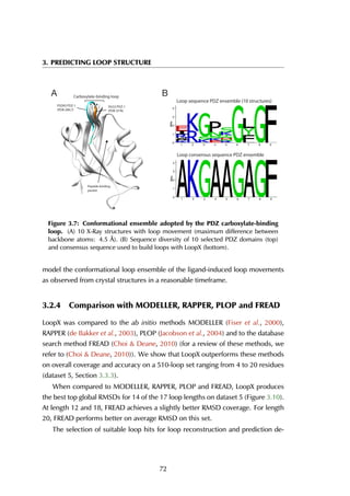 3. PREDICTING LOOP STRUCTURE
Carboxylate-binding loop
PSD93 PDZ-1
(PDB 2WL7)
DLG3 PDZ-1
(PDB 2I1N)
Peptide binding
pocket
A B
0
1
2
3
4
1 2 3 4 5 6 7 8 9
PDZ_consensus-1 (1 peptides)
0
1
2
3
4
1 2 3 4 5 6 7 8 9
PDZ_ensemble-1 (10 peptides)
Loop sequence PDZ ensemble (10 structures)
Loop consensus sequence PDZ ensemble
Figure 3.7: Conformational ensemble adopted by the PDZ carboxylate-binding
loop. (A) 10 X-Ray structures with loop movement (maximum difference between
backbone atoms: 4.5 Å). (B) Sequence diversity of 10 selected PDZ domains (top)
and consensus sequence used to build loops with LoopX (bottom).
model the conformational loop ensemble of the ligand-induced loop movements
as observed from crystal structures in a reasonable timeframe.
3.2.4 Comparison with MODELLER, RAPPER, PLOP and FREAD
LoopX was compared to the ab initio methods MODELLER (Fiser et al., 2000),
RAPPER (de Bakker et al., 2003), PLOP (Jacobson et al., 2004) and to the database
search method FREAD (Choi & Deane, 2010) (for a review of these methods, we
refer to (Choi & Deane, 2010)). We show that LoopX outperforms these methods
on overall coverage and accuracy on a 510-loop set ranging from 4 to 20 residues
(dataset 5, Section 3.3.3).
When compared to MODELLER, RAPPER, PLOP and FREAD, LoopX produces
the best top global RMSDs for 14 of the 17 loop lengths on dataset 5 (Figure 3.10).
At length 12 and 18, FREAD achieves a slightly better RMSD coverage. For length
20, FREAD performs better on average RMSD on this set.
The selection of suitable loop hits for loop reconstruction and prediction de-
72
 