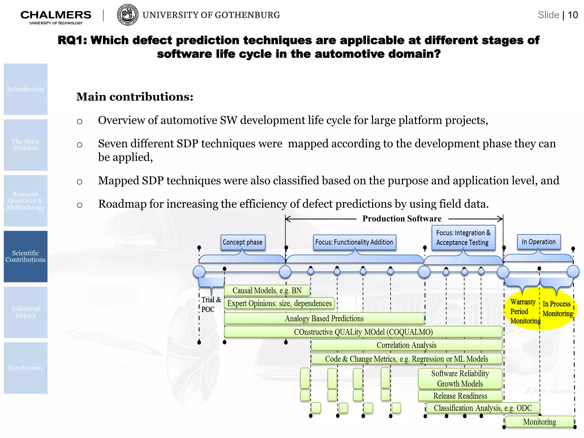 RQ1: Which defect prediction techniques are applicable at different stages of
software life cycle in the automotive domain?
Introduction
The Main
Problem
Research
Questions &
Methodology
Scientific
Contributions
Industrial
Impact
Conclusions
Main contributions:
o Overview of automotive SW development life cycle for large platform projects,
o Seven different SDP techniques were mapped according to the development phase they can
be applied,
o Mapped SDP techniques were also classified based on the purpose and application level, and
o Roadmap for increasing the efficiency of defect predictions by using field data.
Production Software
Slide | 10
 