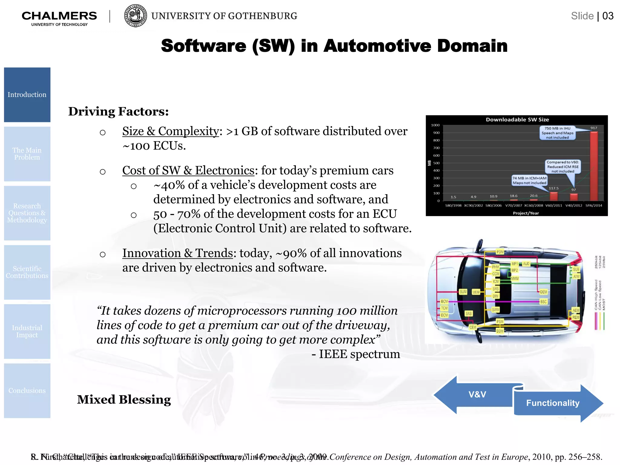 Software (SW) in Automotive Domain
“It takes dozens of microprocessors running 100 million
lines of code to get a premium car out of the driveway,
and this software is only going to get more complex”
- IEEE spectrum
Driving Factors:
o Size & Complexity: >1 GB of software distributed over
~100 ECUs.
o Cost of SW & Electronics: for today’s premium cars
o ~40% of a vehicle’s development costs are
determined by electronics and software, and
o 50 - 70% of the development costs for an ECU
(Electronic Control Unit) are related to software.
o Innovation & Trends: today, ~90% of all innovations
are driven by electronics and software.
V&V
FunctionalityMixed Blessing
Introduction
The Main
Problem
Research
Questions &
Methodology
Scientific
Contributions
Industrial
Impact
Conclusions
Slide | 03
S. Fürst, “Challenges in the design of automotive software,” in Proceedings of the Conference on Design, Automation and Test in Europe, 2010, pp. 256–258.R. N. Charette, “This car runs on code,” IEEE Spectrum, vol. 46, no. 3, p. 3, 2009.
 