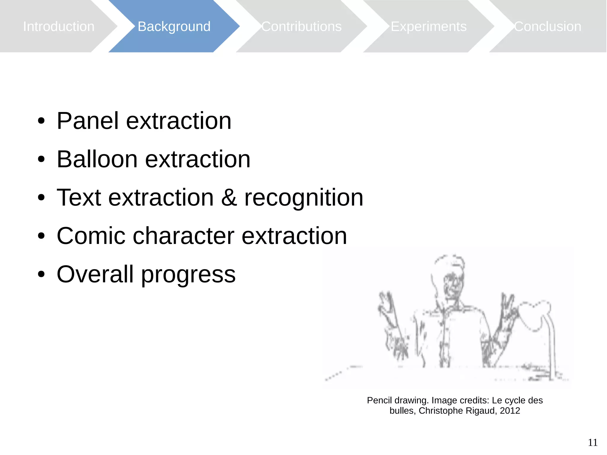 11
Introduction Background Contributions ConclusionExperiments
Pencil drawing. Image credits: Le cycle des
bulles, Christophe Rigaud, 2012
● Panel extraction
● Balloon extraction
● Text extraction & recognition
● Comic character extraction
● Overall progress
 