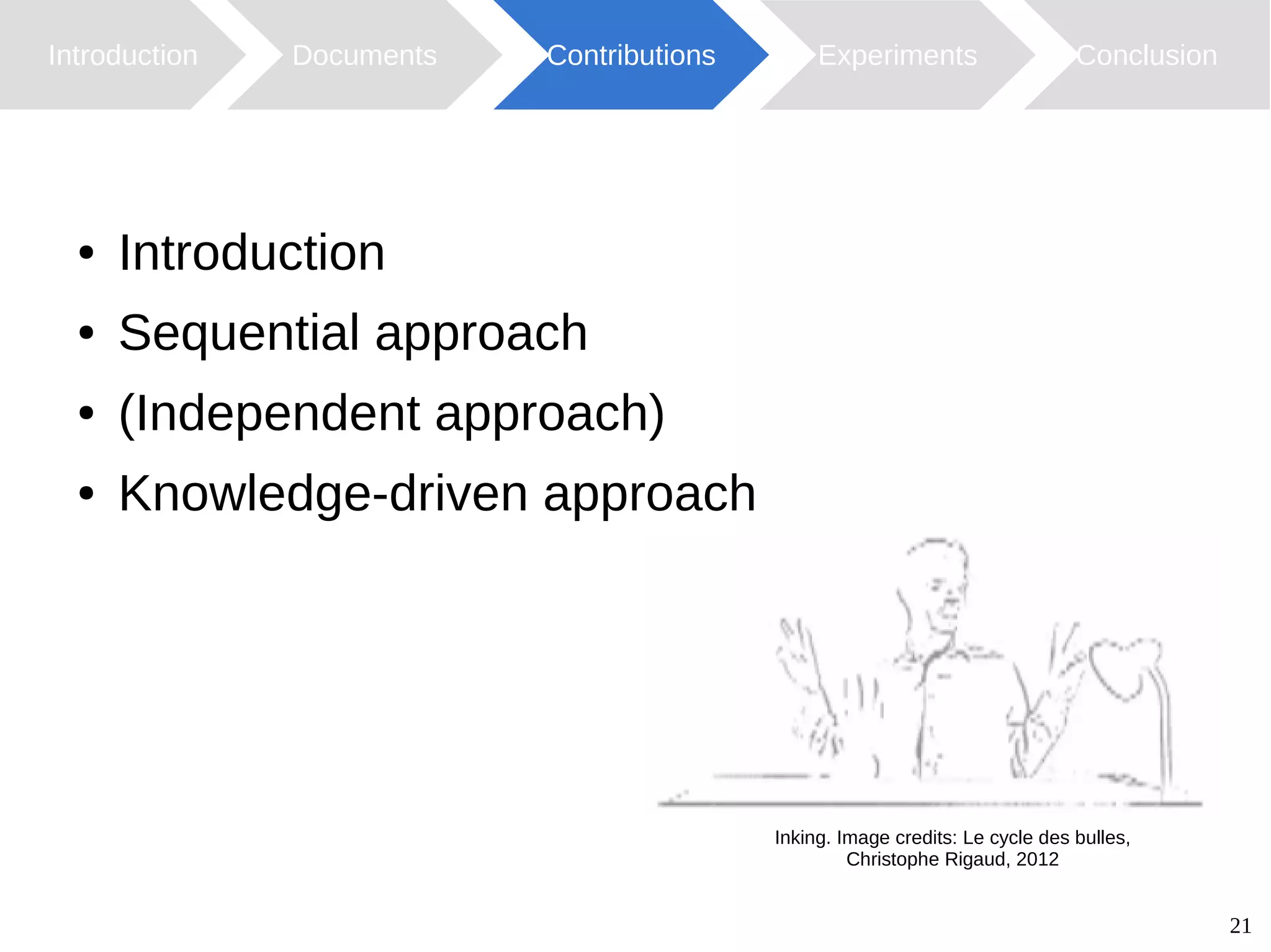 21
● Introduction
● Sequential approach
● (Independent approach)
● Knowledge-driven approach
Introduction Documents Contributions ConclusionExperiments
Inking. Image credits: Le cycle des bulles,
Christophe Rigaud, 2012
 