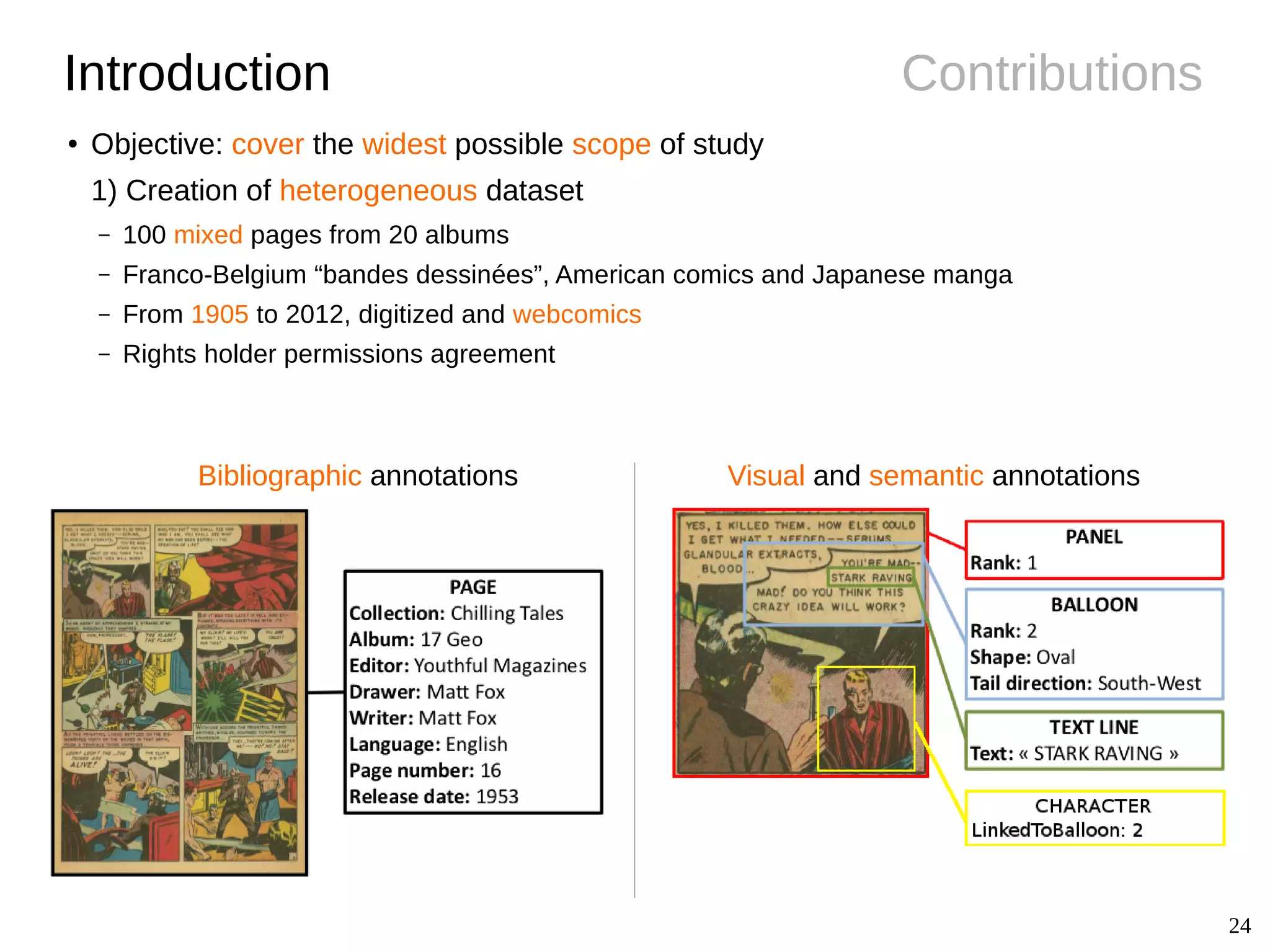 24
ContributionsIntroduction
Bibliographic annotations Visual and semantic annotations
● Objective: cover the widest possible scope of study
1) Creation of heterogeneous dataset
– 100 mixed pages from 20 albums
– Franco-Belgium “bandes dessinées”, American comics and Japanese manga
– From 1905 to 2012, digitized and webcomics
– Rights holder permissions agreement
 