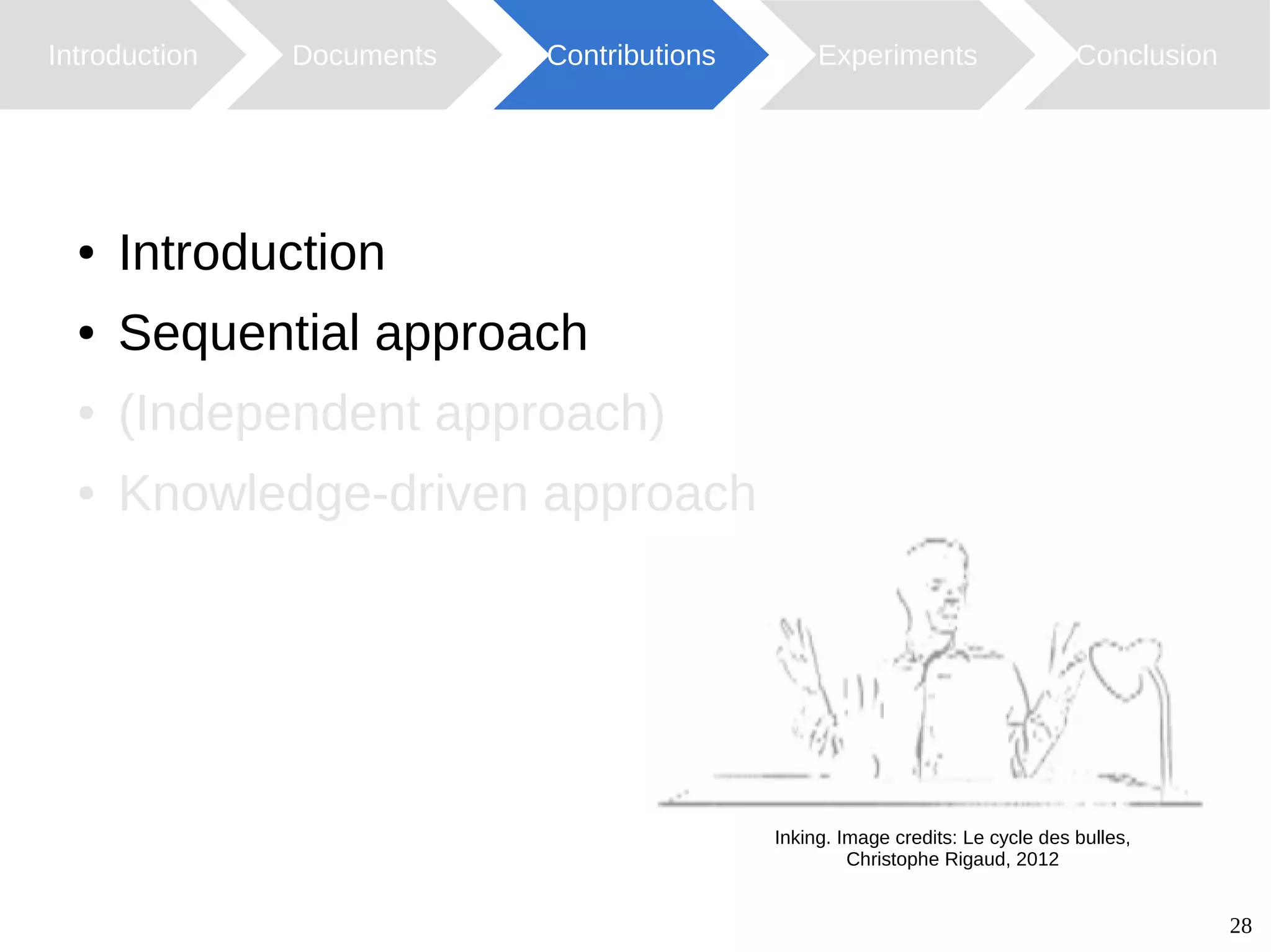 28
Introduction Documents Contributions ConclusionExperiments
Inking. Image credits: Le cycle des bulles,
Christophe Rigaud, 2012
● Introduction
● Sequential approach
● (Independent approach)
● Knowledge-driven approach
 