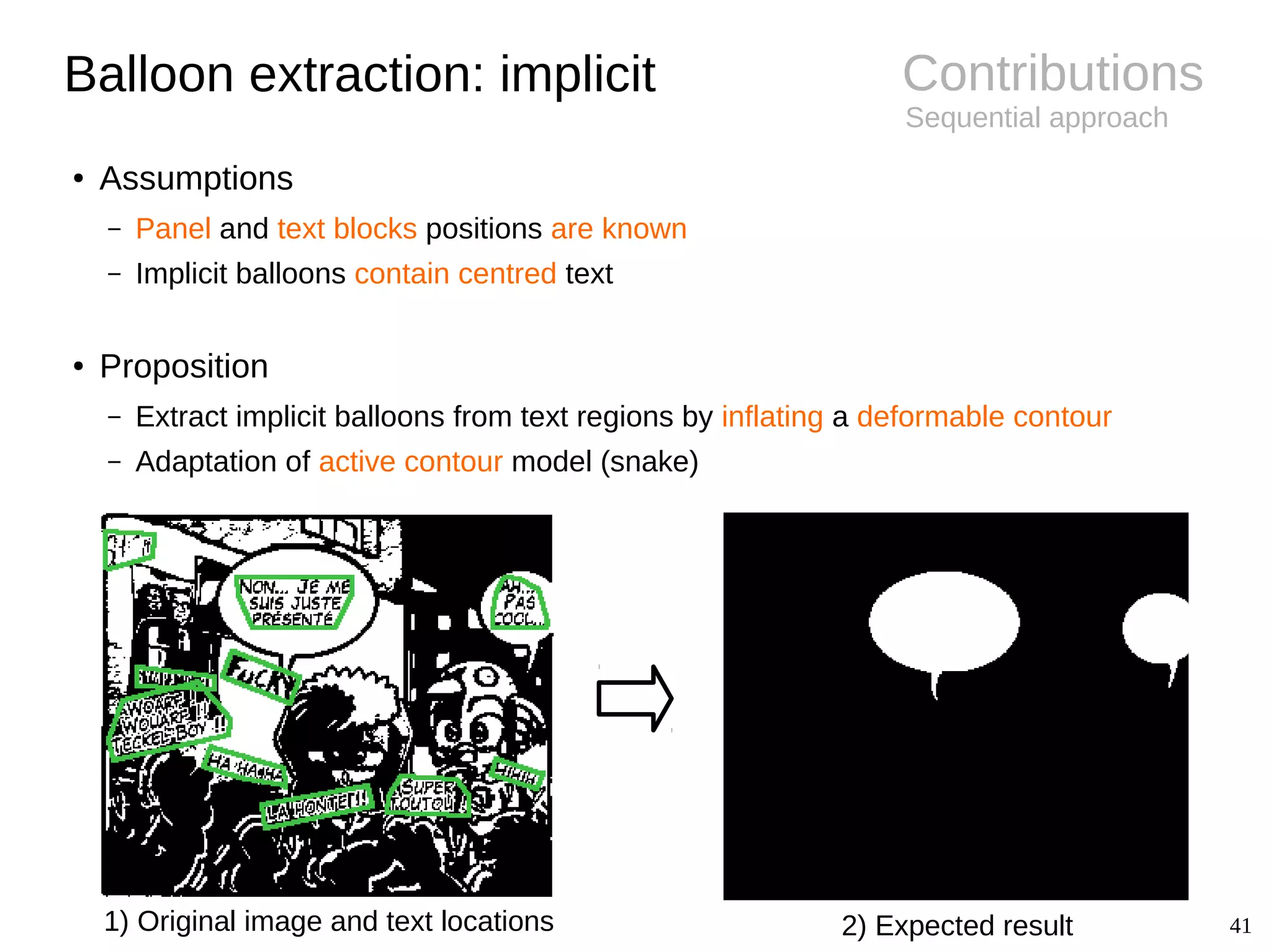 41
Contributions
Sequential approach
Balloon extraction: implicit
● Assumptions
– Panel and text blocks positions are known
– Implicit balloons contain centred text
● Proposition
– Extract implicit balloons from text regions by inflating a deformable contour
– Adaptation of active contour model (snake)
1) Original image and text locations 2) Expected result
 