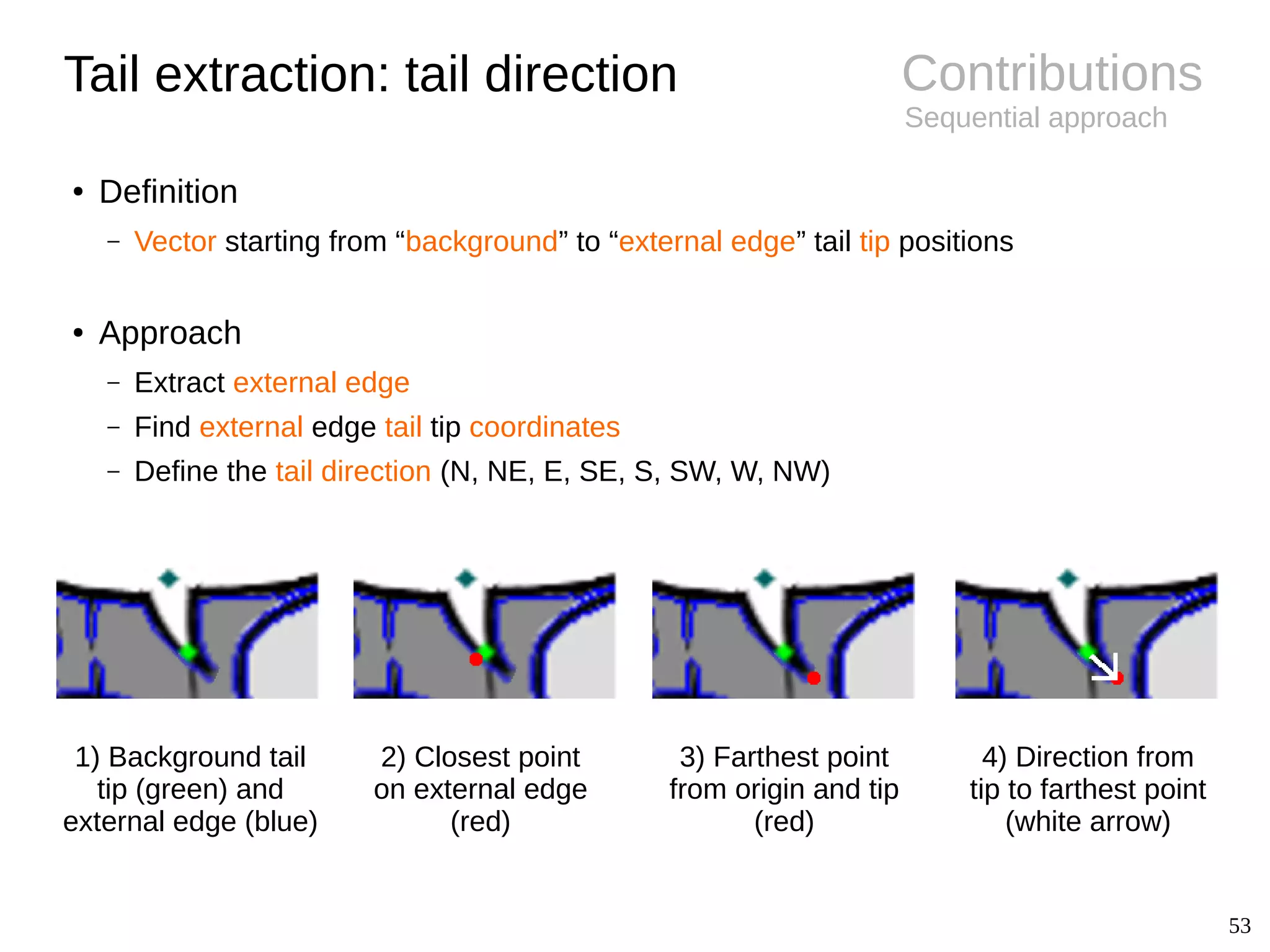 53
Contributions
Sequential approach
Tail extraction: tail direction
● Definition
– Vector starting from “background” to “external edge” tail tip positions
● Approach
– Extract external edge
– Find external edge tail tip coordinates
– Define the tail direction (N, NE, E, SE, S, SW, W, NW)
1) Background tail
tip (green) and
external edge (blue)
2) Closest point
on external edge
(red)
3) Farthest point
from origin and tip
(red)
4) Direction from
tip to farthest point
(white arrow)
 